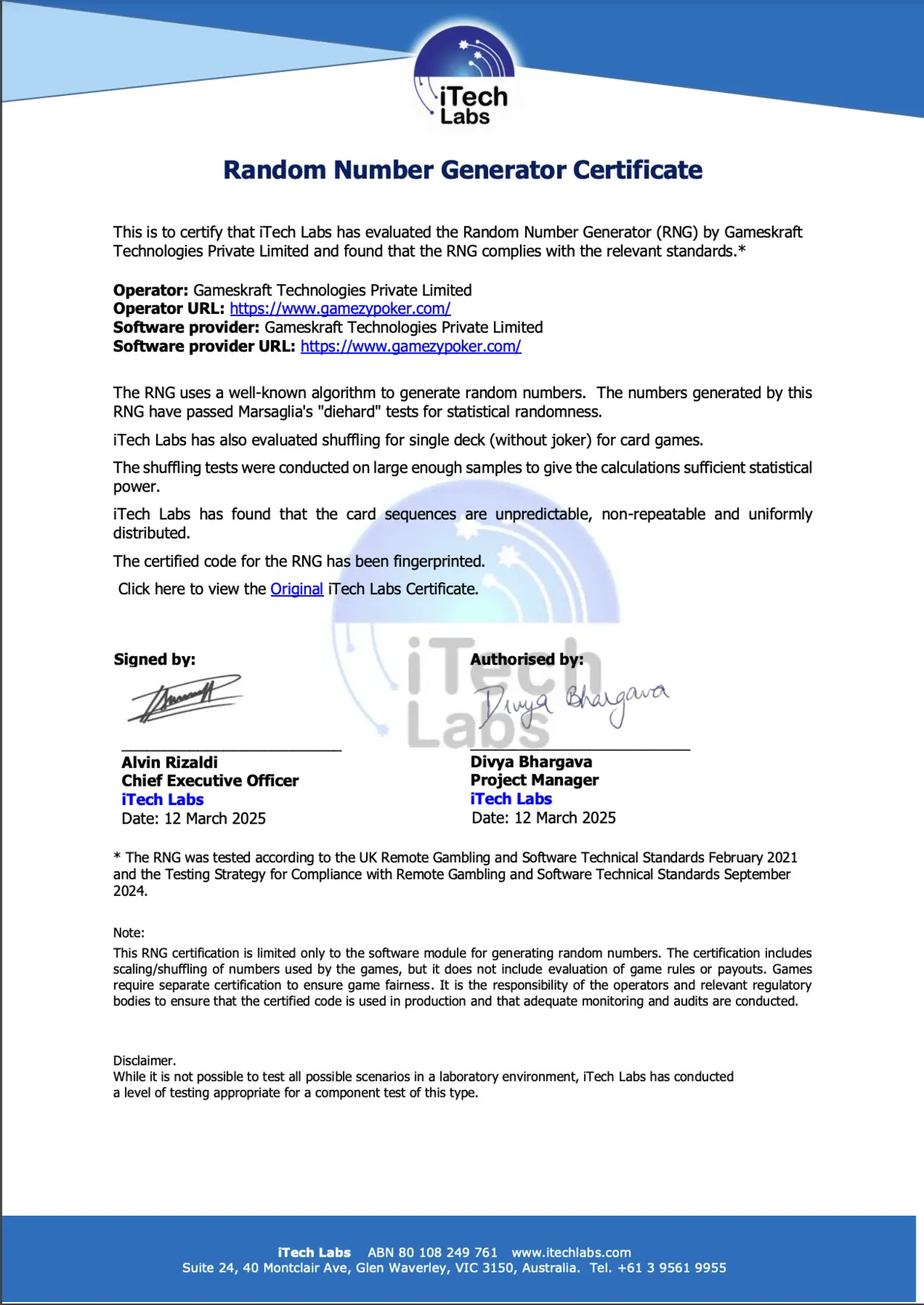 Gamezy Poker RNG Certificate